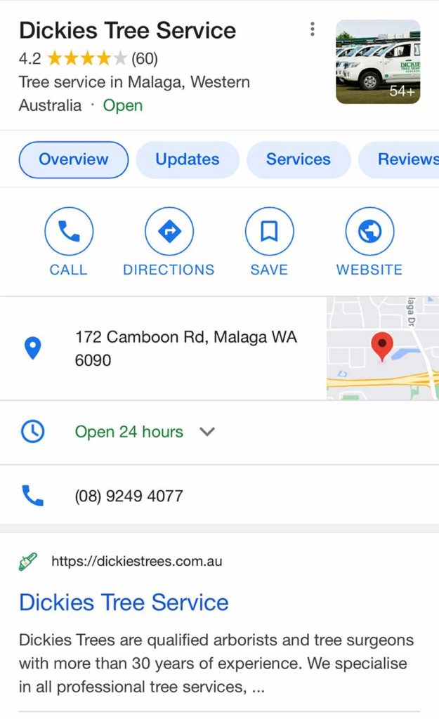 Google MyBusiness listing on smartphone